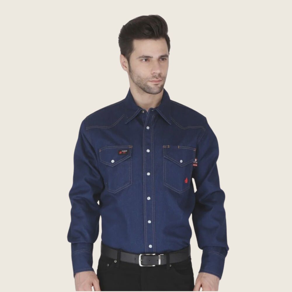 Forge Men's FR Solid Work Shirt Denim, Color: Denim, Size: S, Style: Snap