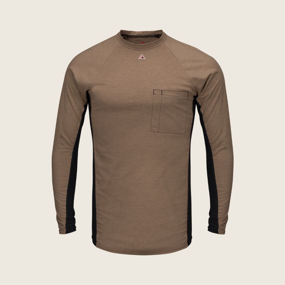 Bulwark FR Base Layer Shirt Khaki/Black, Color: Khaki/Black, Size: S, Style: Crew