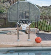 PRO STYLE BASKETBALL SET (RECTANGLE BACKBOARD W/GRAPHICS) COMPLETE WITH 6" BRONZE STANCHION ANCHOR JIG - (STAINLESS STEEL)