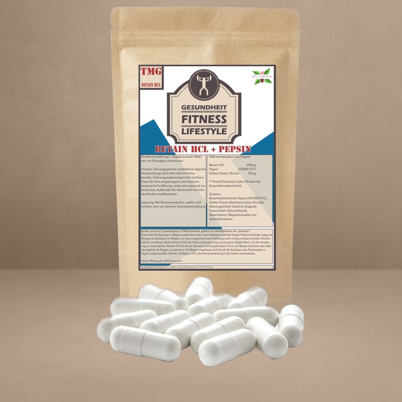 Betain HCL (TMG) + Pepsin + Gelber Enzian 90 Kapseln