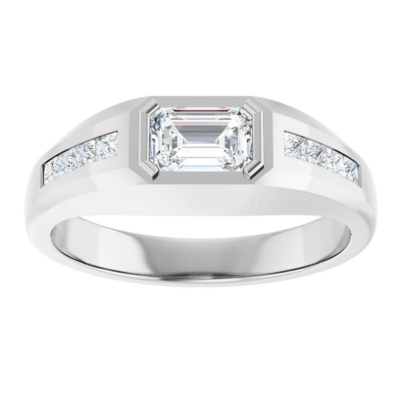 14Ct White Gold Bezel Set Emerald Cut Lab-Grown Diamond Ring With Invisible Set Princess Cut Diamonds