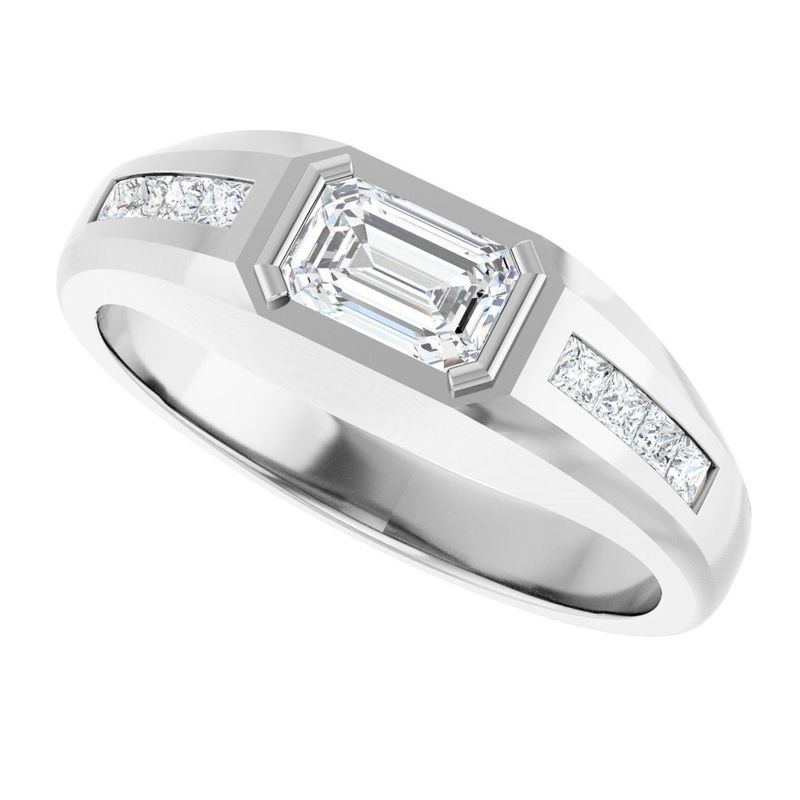14Ct White Gold Bezel Set Emerald Cut Lab-Grown Diamond Ring With Invisible Set Princess Cut Diamonds