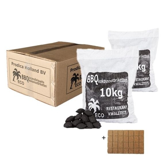 Briket kokosnootschaal  2 zakken van 10kg + gratis aanmaakblokjes + gratis thuisbezorgd