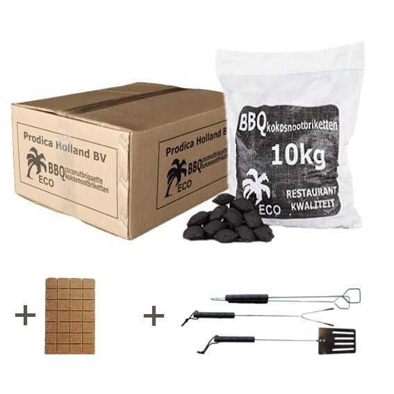 Kokosnootschaal briketten 1x 10kg + gratis aanmaakblokjes + gratis gereedschapset/3