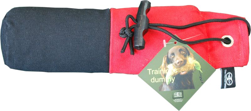 Hondendummy universeel 750grams rood-zwart. Canvas/ granulaat vulling incl. werpkoord