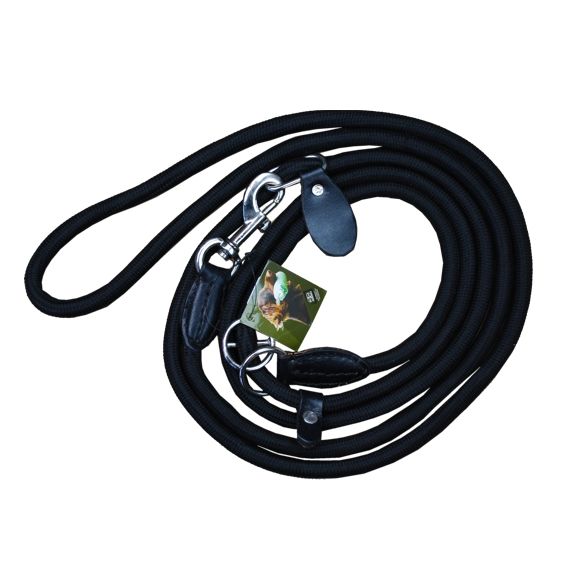 Hondenlijn flexibel lang nylon zwart L220 D10mm, verchroomd messing met zwartleren afzettingen. Jachtlijn,  puppylijn, retrieverlijn