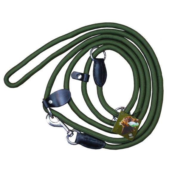 Hondenlijn flexibel lang nylon legergroen L220 D10mm, verchroomd messing met zwartleren afzettingen. Jachtlijn,  puppylijn, retrieverlijn