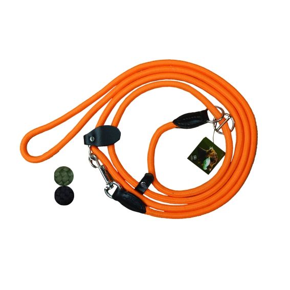 Hondenlijn flexibel lang nylon oranje L220 D6mm , verchroomd messing met zwartleren afzettingen. Jachtlijn,  puppylijn, retrieverlijn