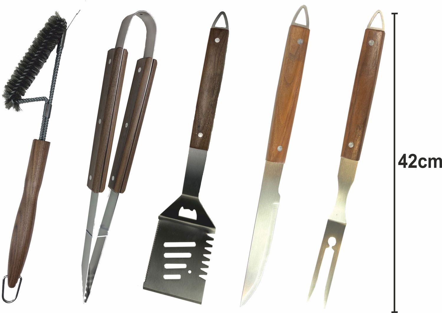 S'MART BBQ set/5 in krimp Tang, Spatel, Vork, Mes, Borstel. RVS met geolied walnoothouten handgreep