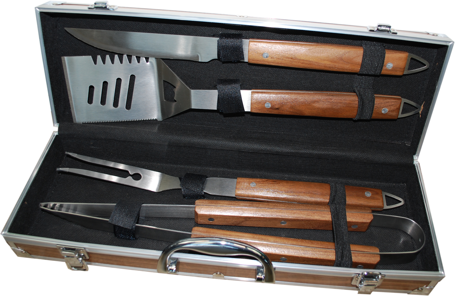 S'MART BBQ set/4, Tang, spatel, vork, mes RVS met geolied walnoothouten handgreep in luxe koffer