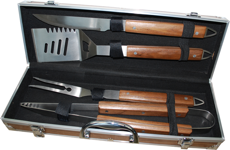 S'MART BBQ set/4, Tang, spatel, vork, mes RVS met geolied walnoothouten handgreep in luxe koffer