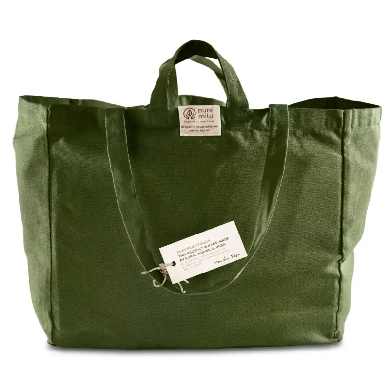 Multi-Pocket 100% Cotton Grocery Tote Bag - Sage Green