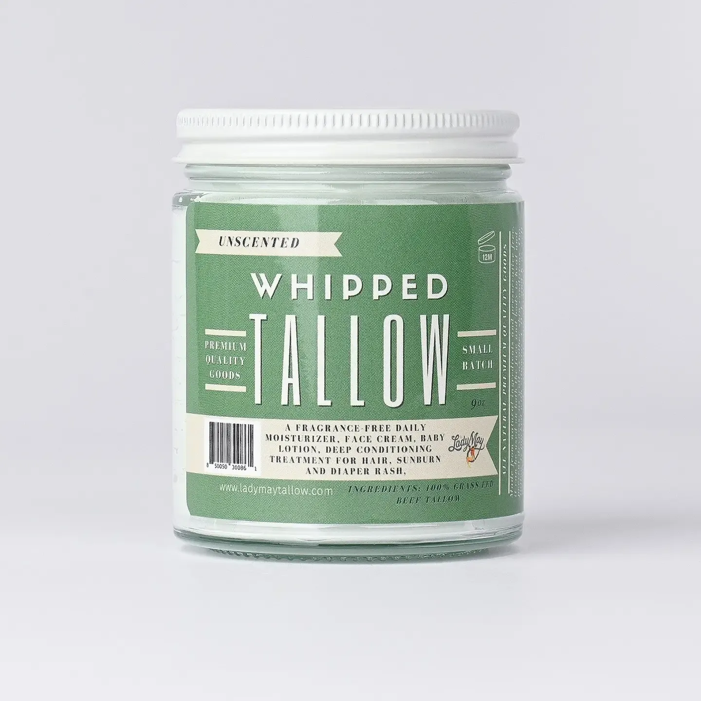 Unscented Whipped Tallow, All Natural Grass Fed Beef Tallow Moisturizer 9 oz