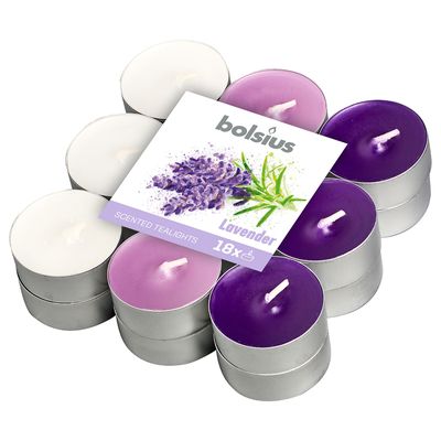 Bolsius - scented tea lights in three colours - lavender - 18-pack