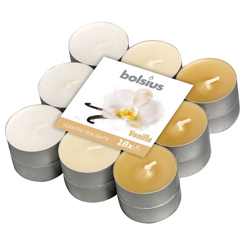 Bolsius scented tea lights in three colours vanilla 18pack