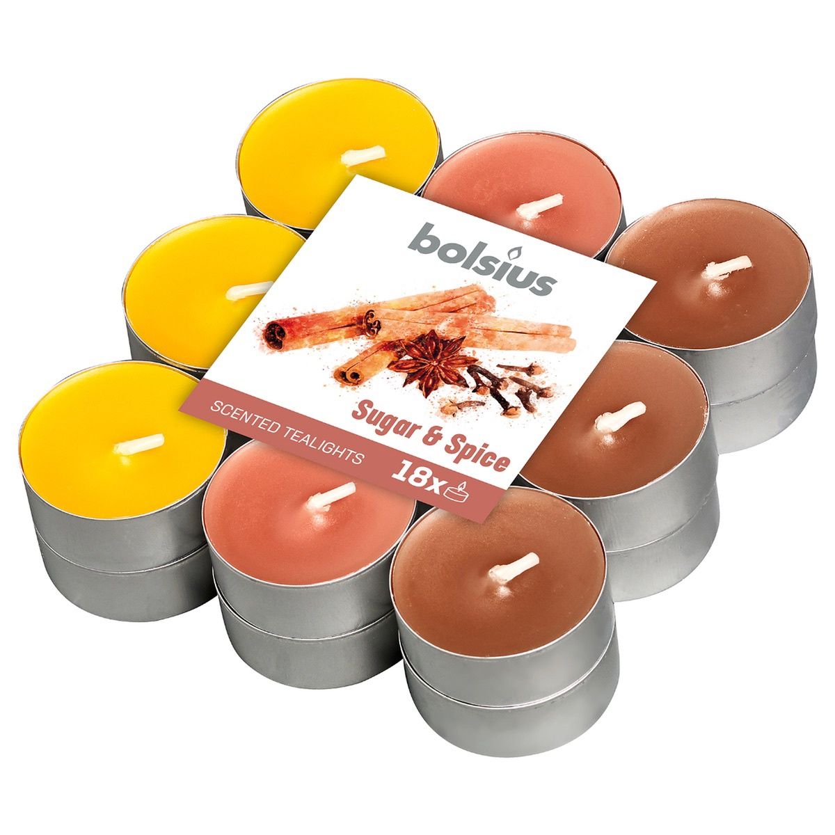 Bolsius - scented tea lights in three colours - sugar &amp; spice - 18-pack