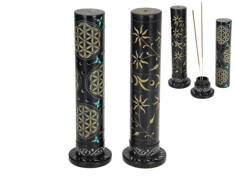 27cm Black &amp; Gold Soapstone Incense Tower