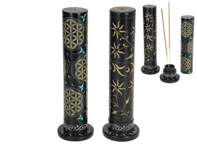 27cm Black &amp; Gold Soapstone Incense Tower
