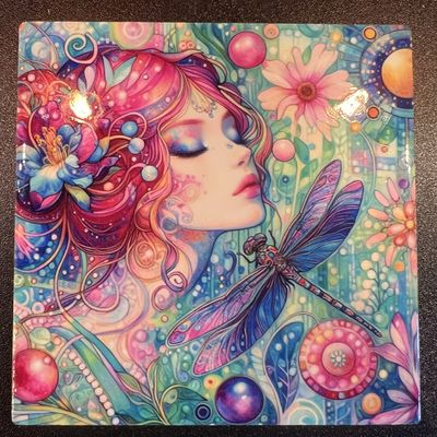 Ceramic. Coaster - Dragonfly Goddess 2