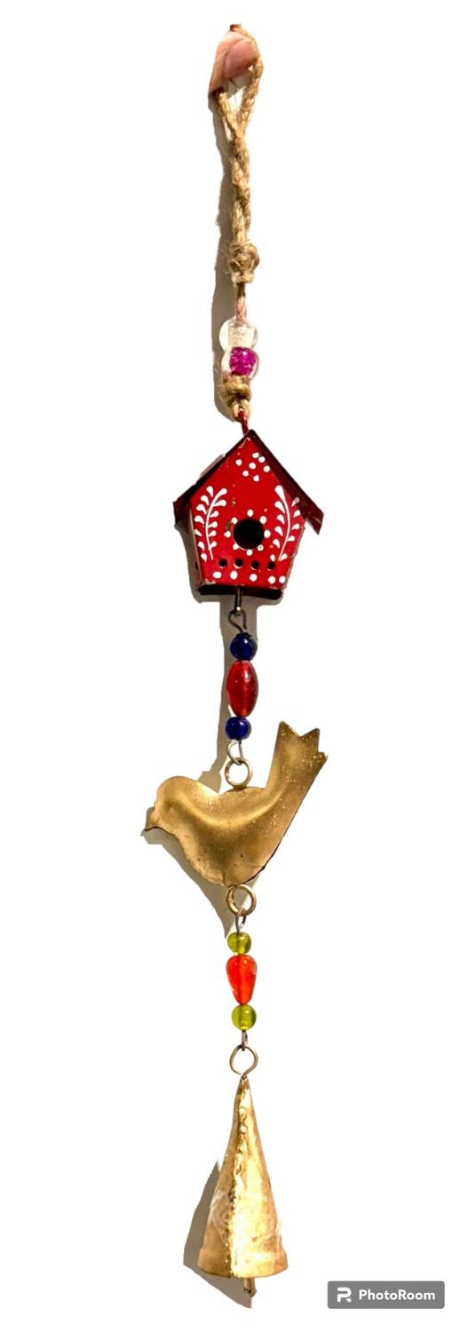 Metal Art Bird House with Bell Hanging