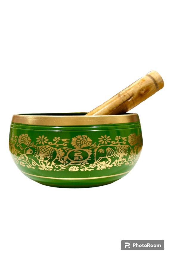 Brass Singing Bowl with Stick -  Assorted Sizes &amp; Designs, Colour: Green, Size: 10.5cm