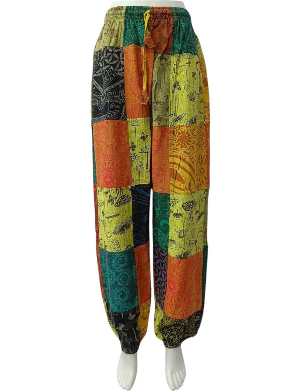 Nepal Patchwork Cuffed Ankle Mushroom Pants, Colour: Lime