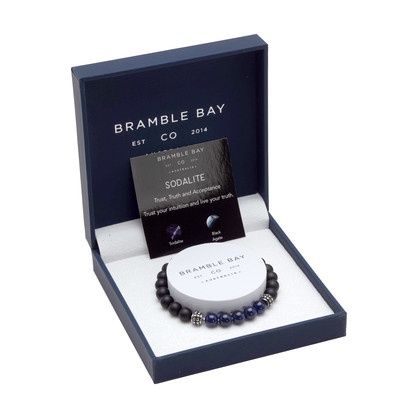 Sodalite &amp; Black Agate Beaded Bracelet with Stainless Steel Accents, Size: 8mm