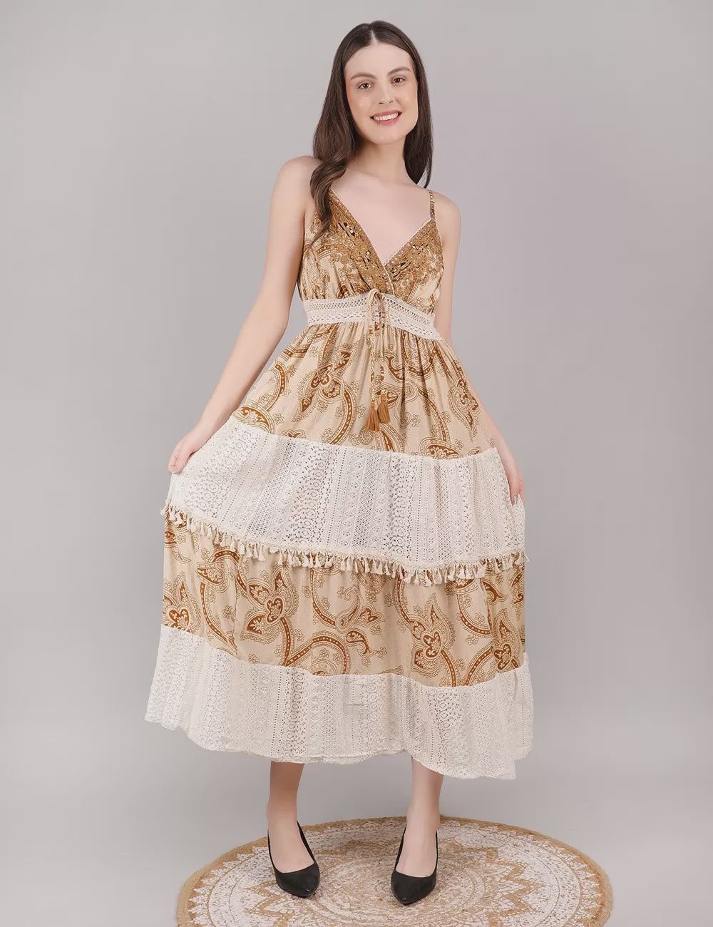 V-Neck Lace Trim Maxi Dress