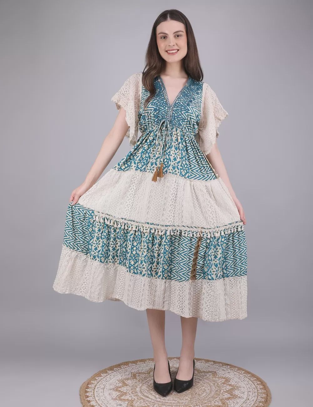 Frill Sleeve Lace Trim Maxi Dress