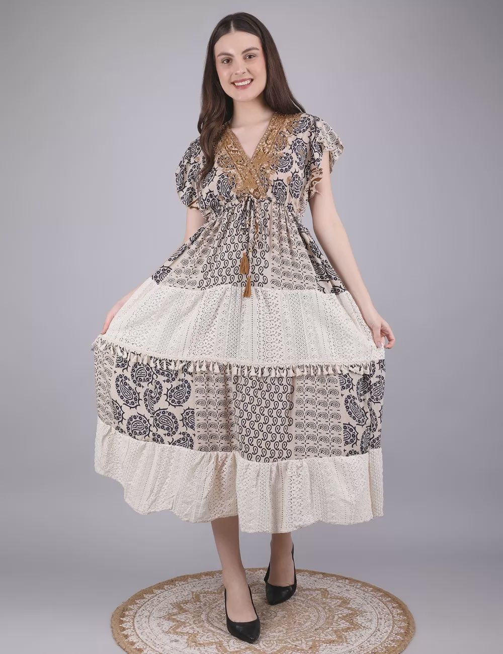 Embroidered Neck With Lace Trim Maxi Dress