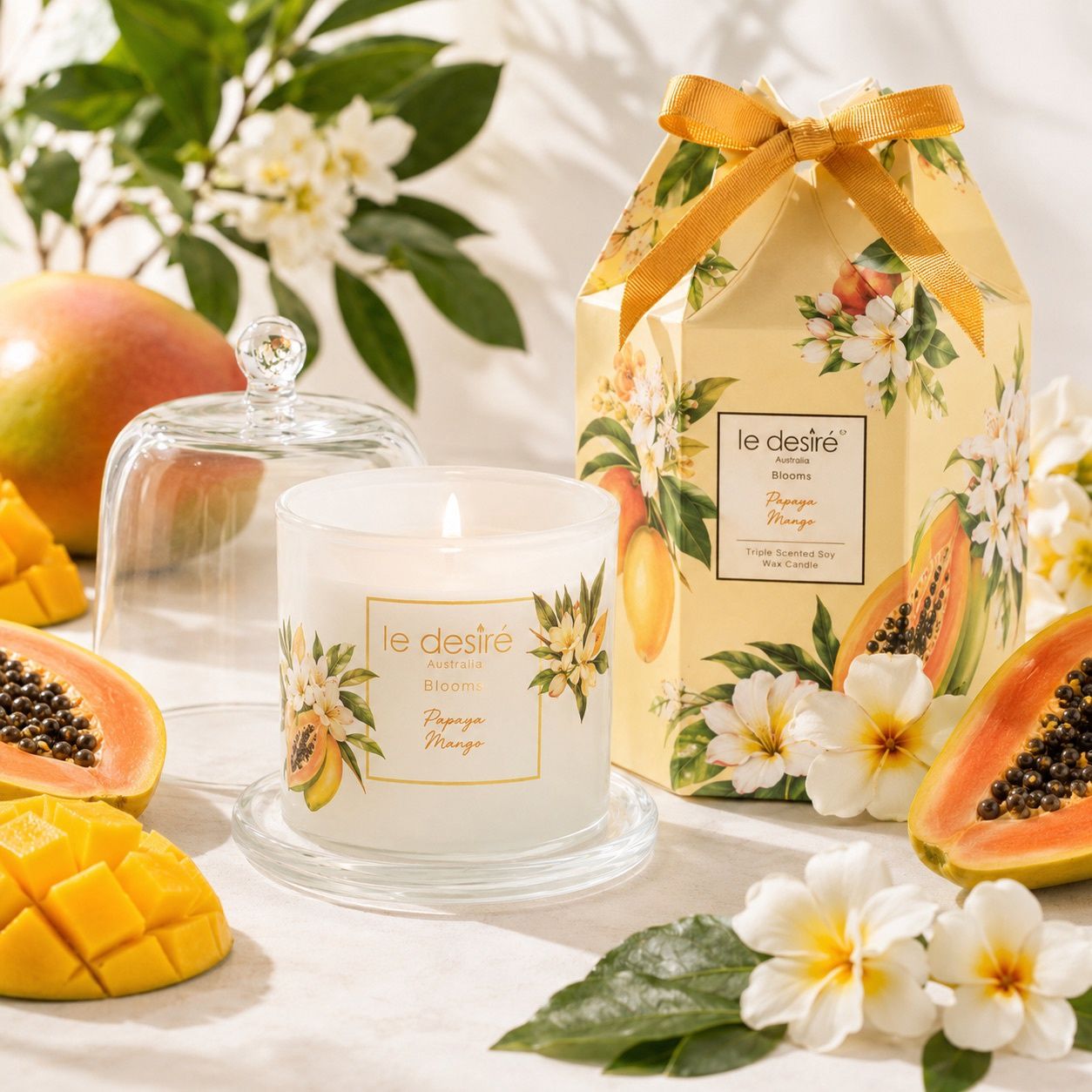 Papaya Mango - Blooms Soy Candle with Glass Cloche