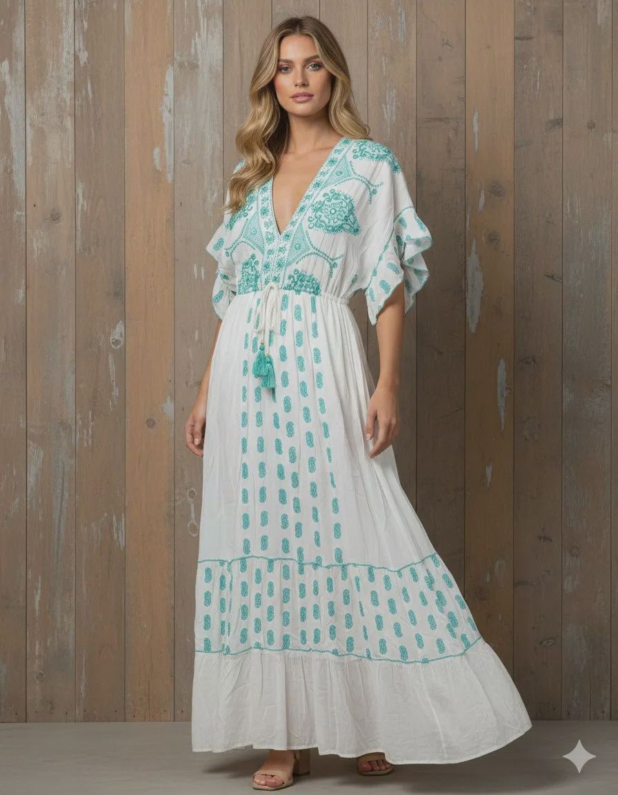 Thread Adjustable Flared Sleeve Embroidered Dress, Colour: Sea Green