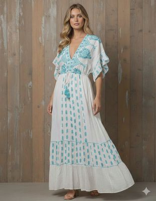 Thread Adjustable Flared Sleeve Embroidered Dress