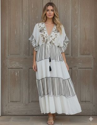 Thread Adjustable Flared Sleeve Embroidered Dress