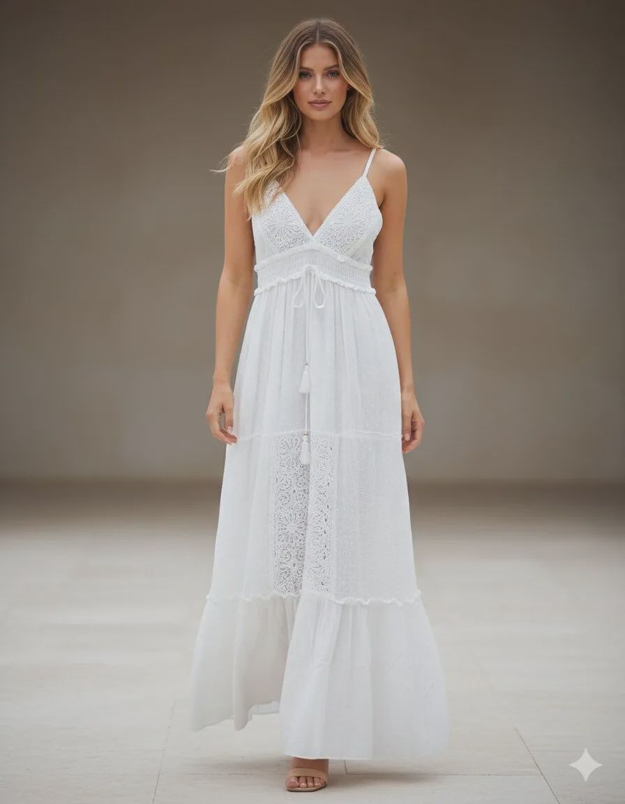 Thread Embroidered Adjustable Waist Maxi Dress