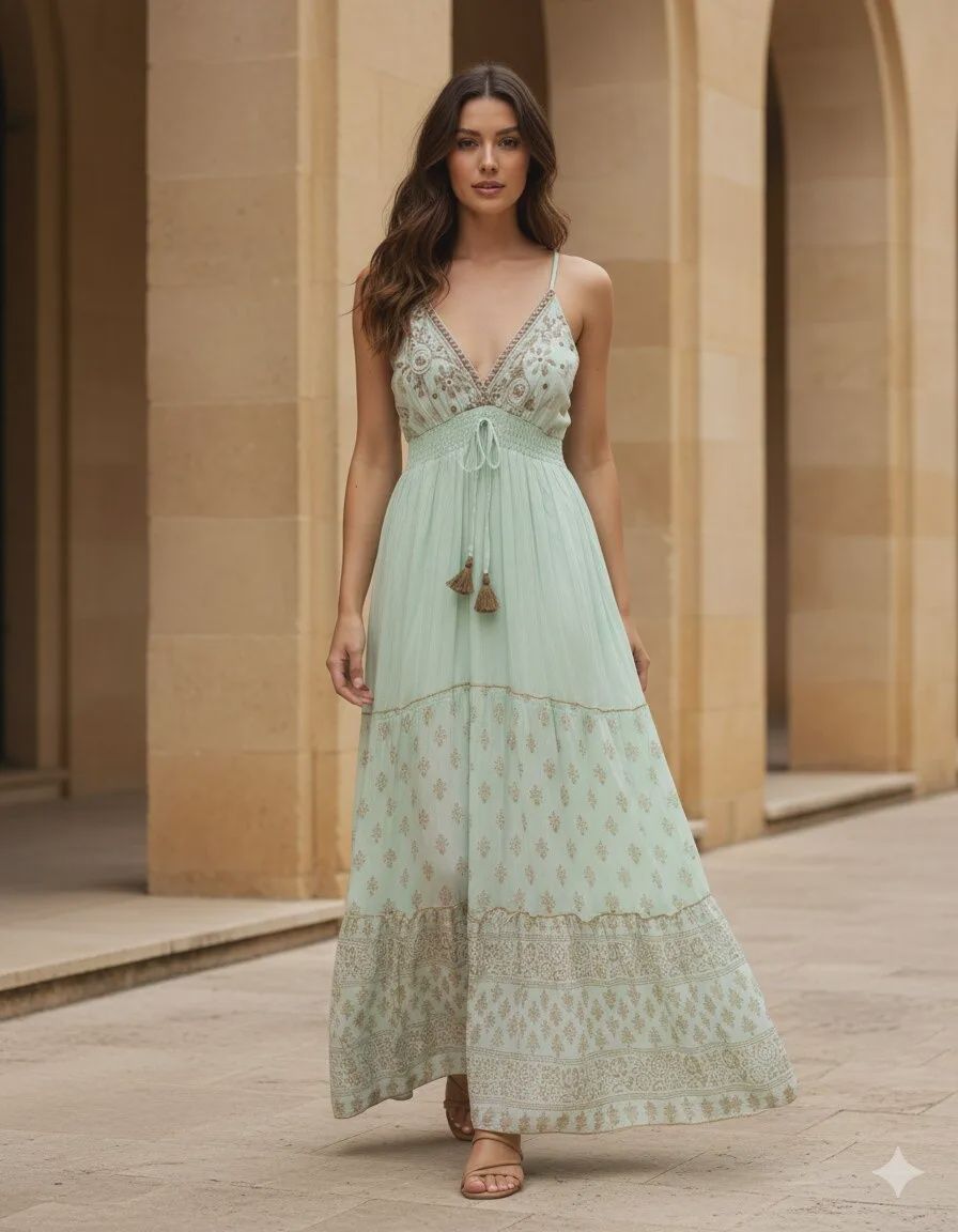 Embroidered V-Neck Maxi Dress
