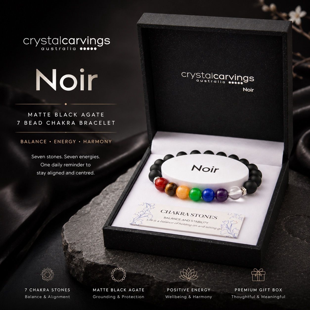 Matte Black Agate 7 Bead Chakra Bracelet