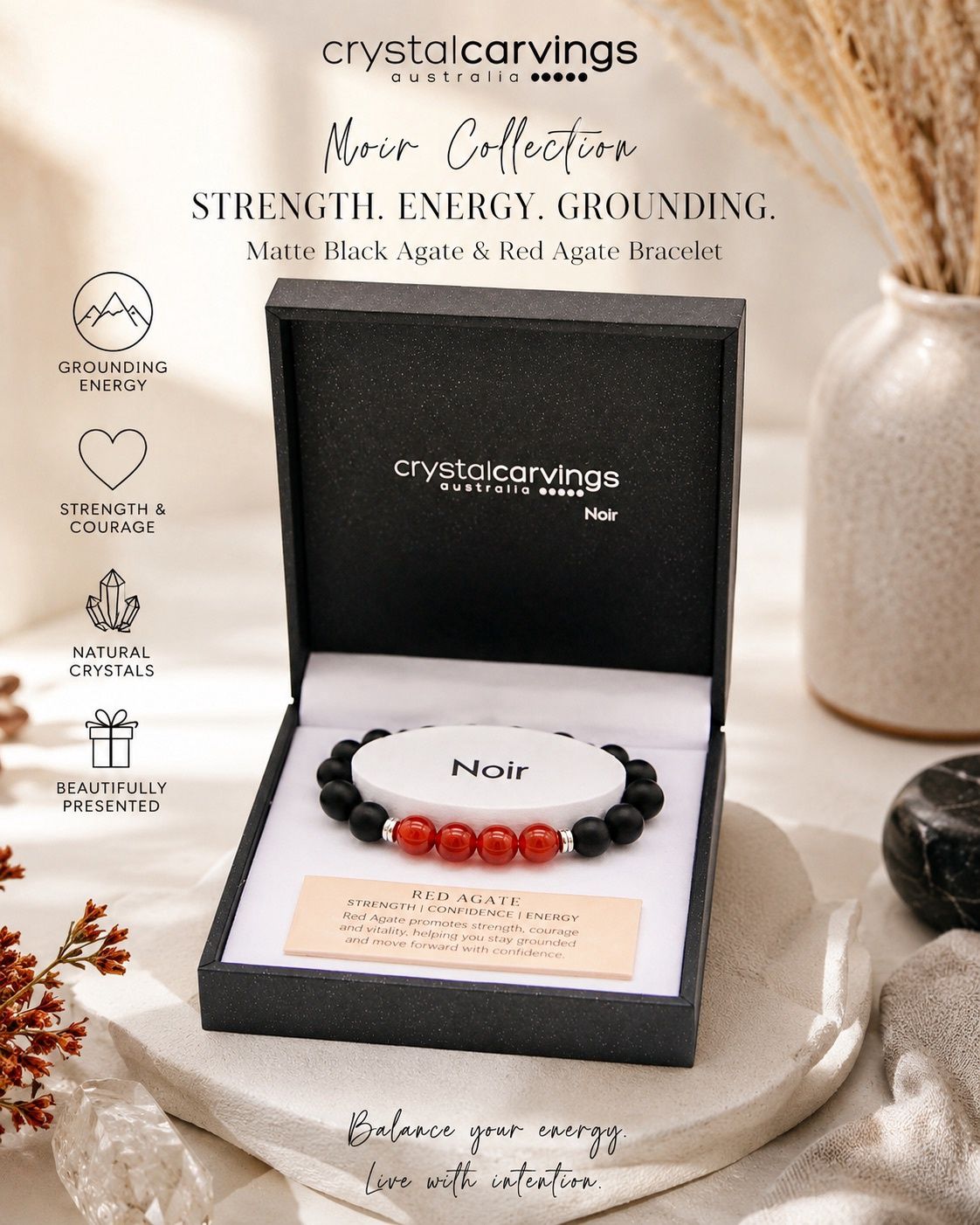 Matte Black Agate &amp; Red Agate Bracelet