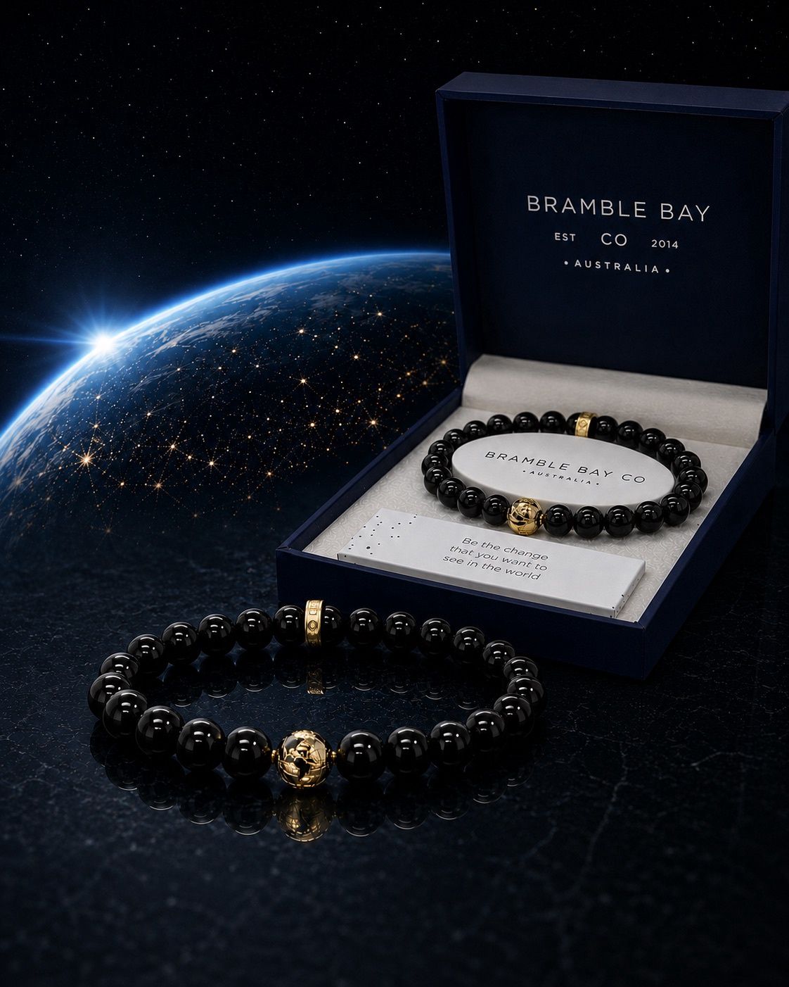Bramble Bay Co Earth Gloss Black Onyx GOLD S/S charm bracelet (8mm Bead)