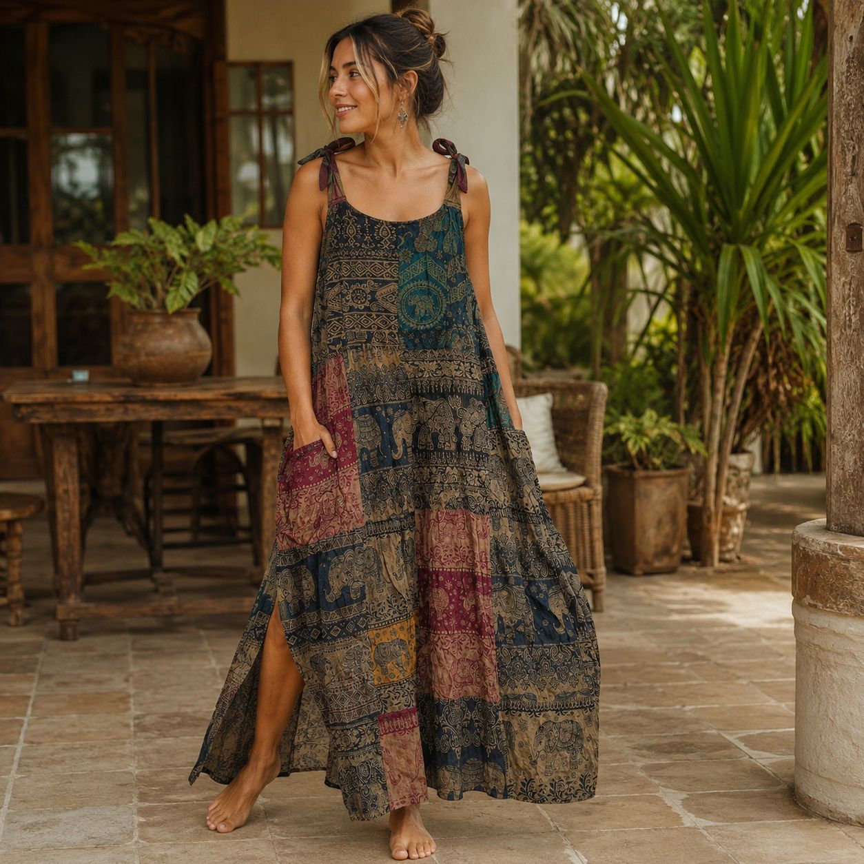 Elephant Wanderlust Tie-Shoulder Dress
