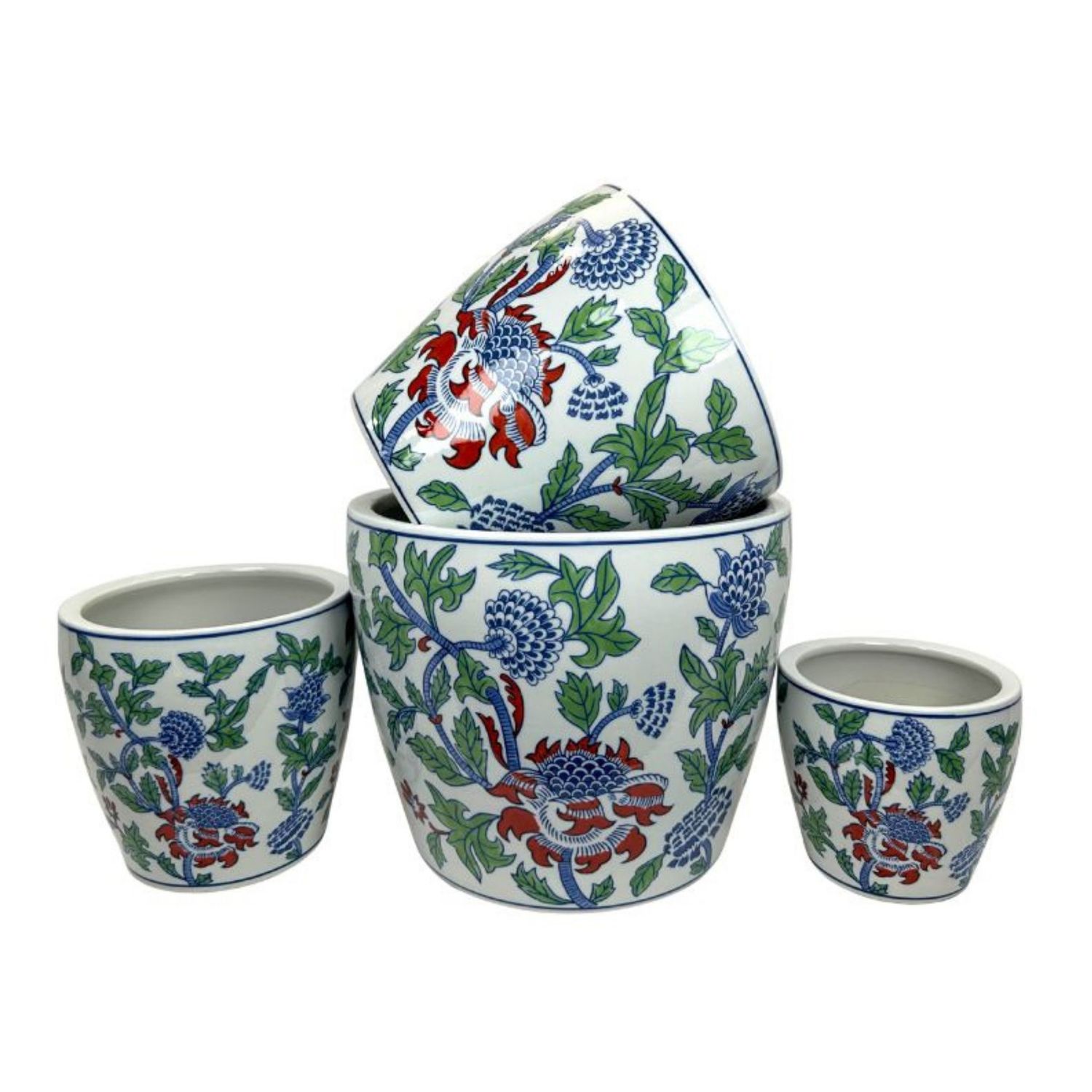 SET OF 4 PLANTERS WITH SAUCERS- CHINOISERIE GARDEN