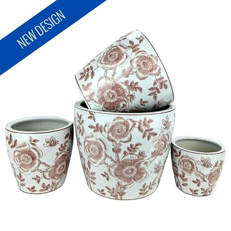 SET OF 4 PLANTERS WITH SAUCERS - BLUSH PEONY