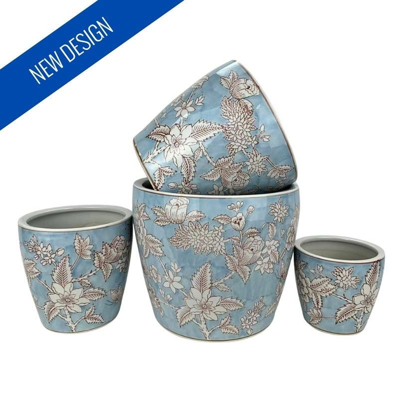 SET OF 4 PLANTERS WITH SAUCERS - BLUE HARVEST