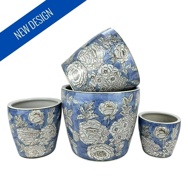SET OF 4 PLANTERS WITH SAUCERS - CORNFLOWER BLOOM