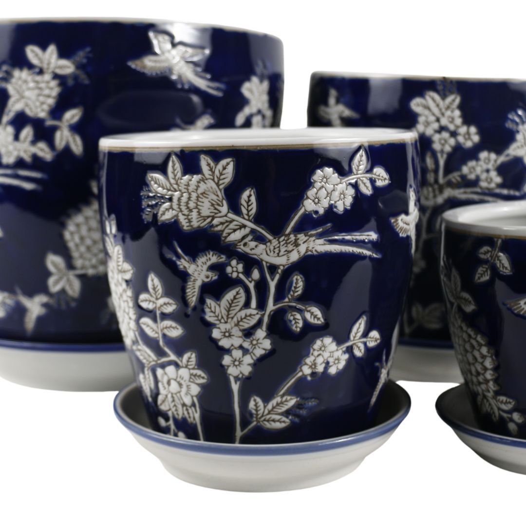 SET OF 4 PLANTERS - NAVY BIRD FLORAL