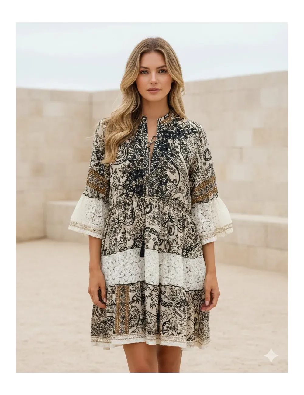 Flared Sleeve Thread Work Dress