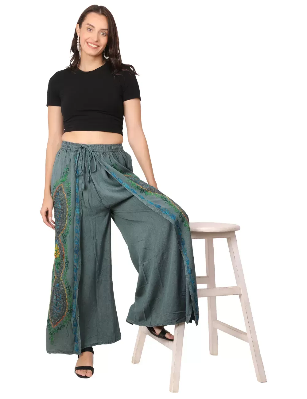 Embroidered Layered Cotton Pants