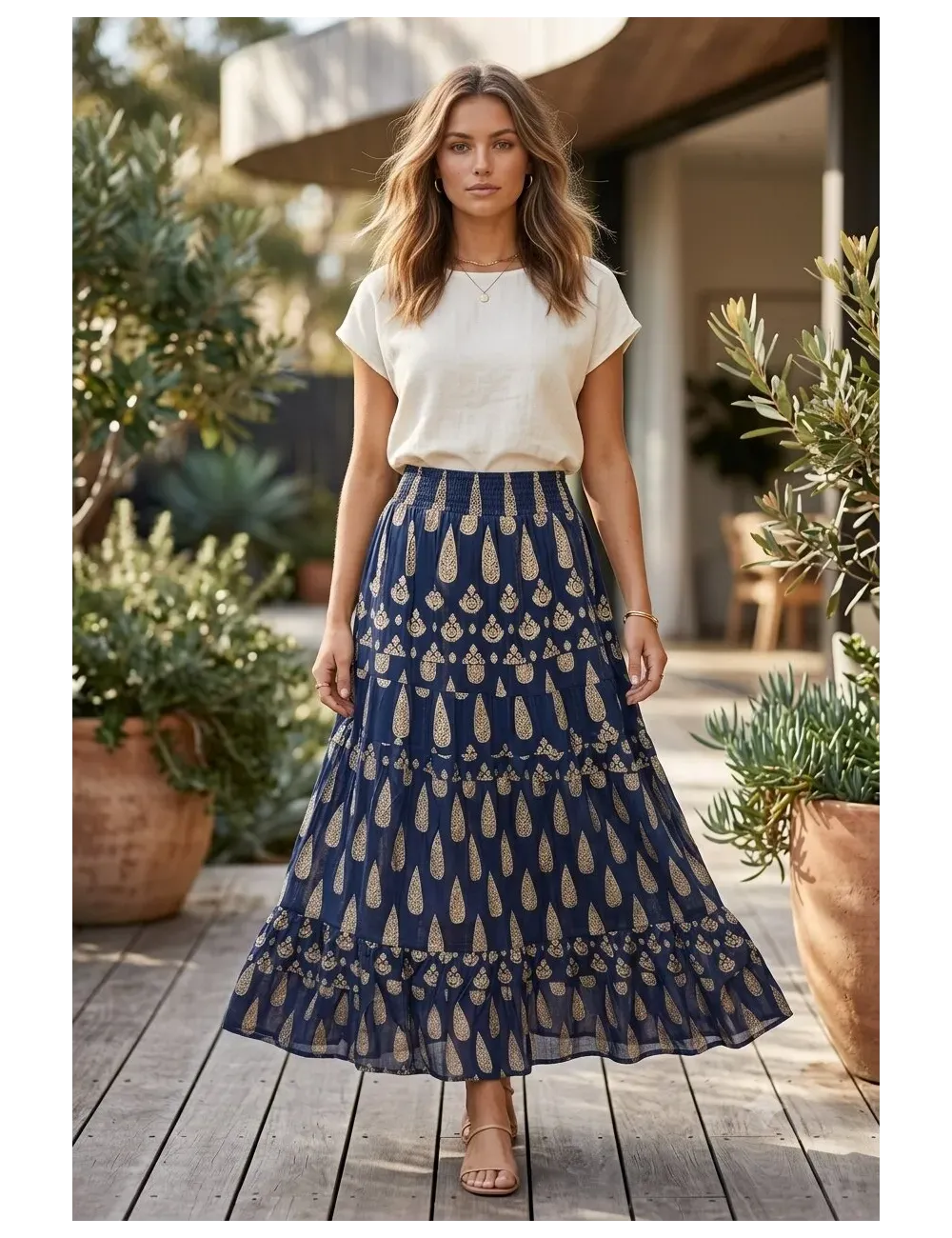 Stretch Waist Paisley Print Skirt