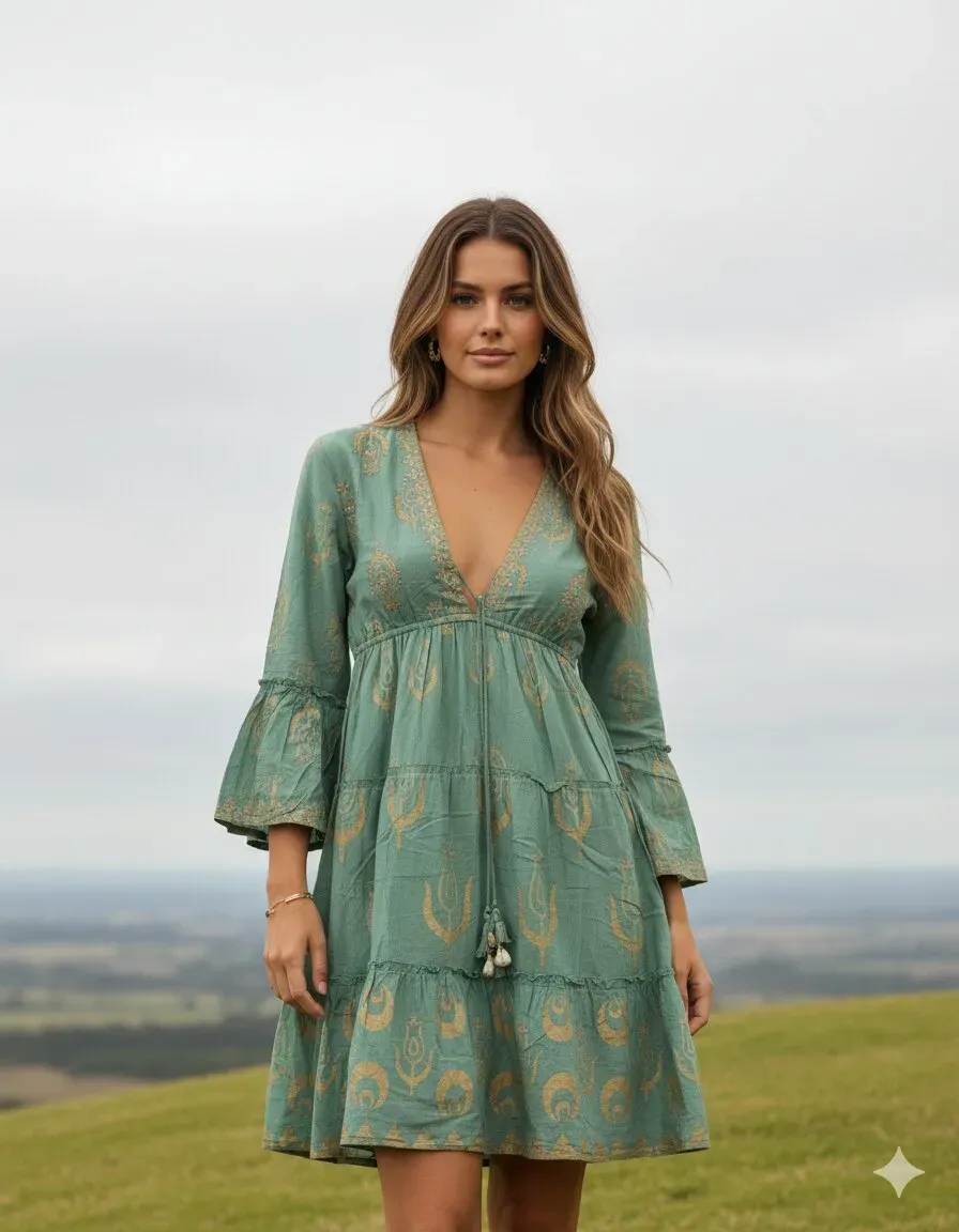 V-Neck Printed Boho Dress