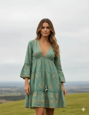 V-Neck Printed Boho Dress